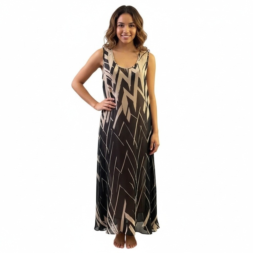 Anthropologie Floreat Silk Midi Dress Women Small Black Tan Abstract Print New
